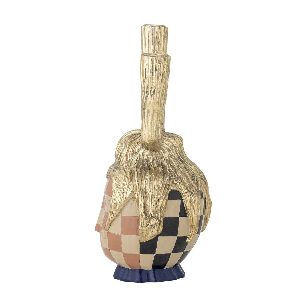 Medusa Resin Candle Holder in gold with a checked head, bark-textured gold tendrils draping down, and tall branching candle arms on a fluted base, shown against a white background.