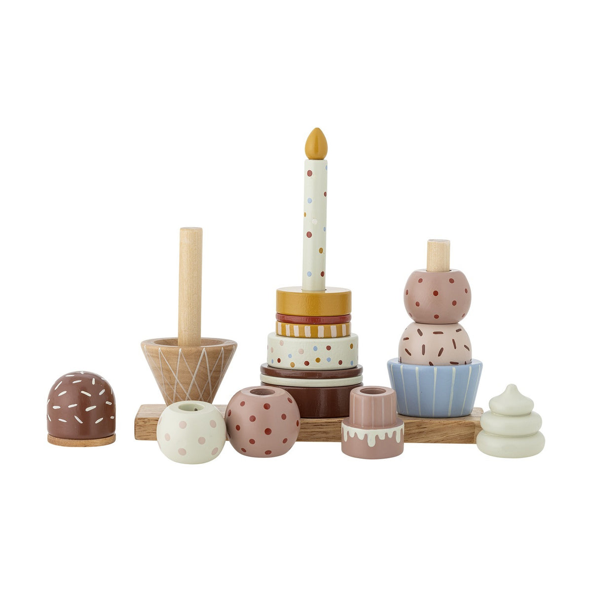 18-piece dotted wooden activity toy with ice cream cone, tiered birthday cake with candle, and cupcake stacker on a wooden base, in multicoloured painted beech.