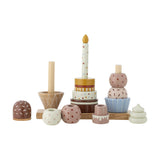 18-piece dotted wooden activity toy with ice cream cone, tiered birthday cake with candle, and cupcake stacker on a wooden base, in multicoloured painted beech.