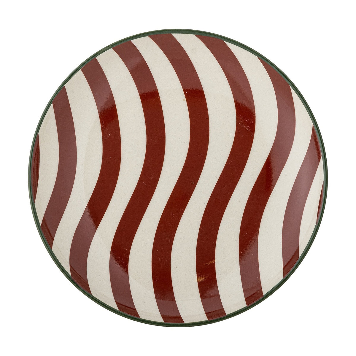 Jolly Striped Stoneware Christmas Plate in multi, a round 16cm stoneware side plate with wavy red and cream stripes and a thin green rim line, shown on a plain white background.