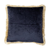 Square Eydis cushion in navy velvet-look fabric with tonal fringe trim on all four sides, shown plain-backed against a white background.