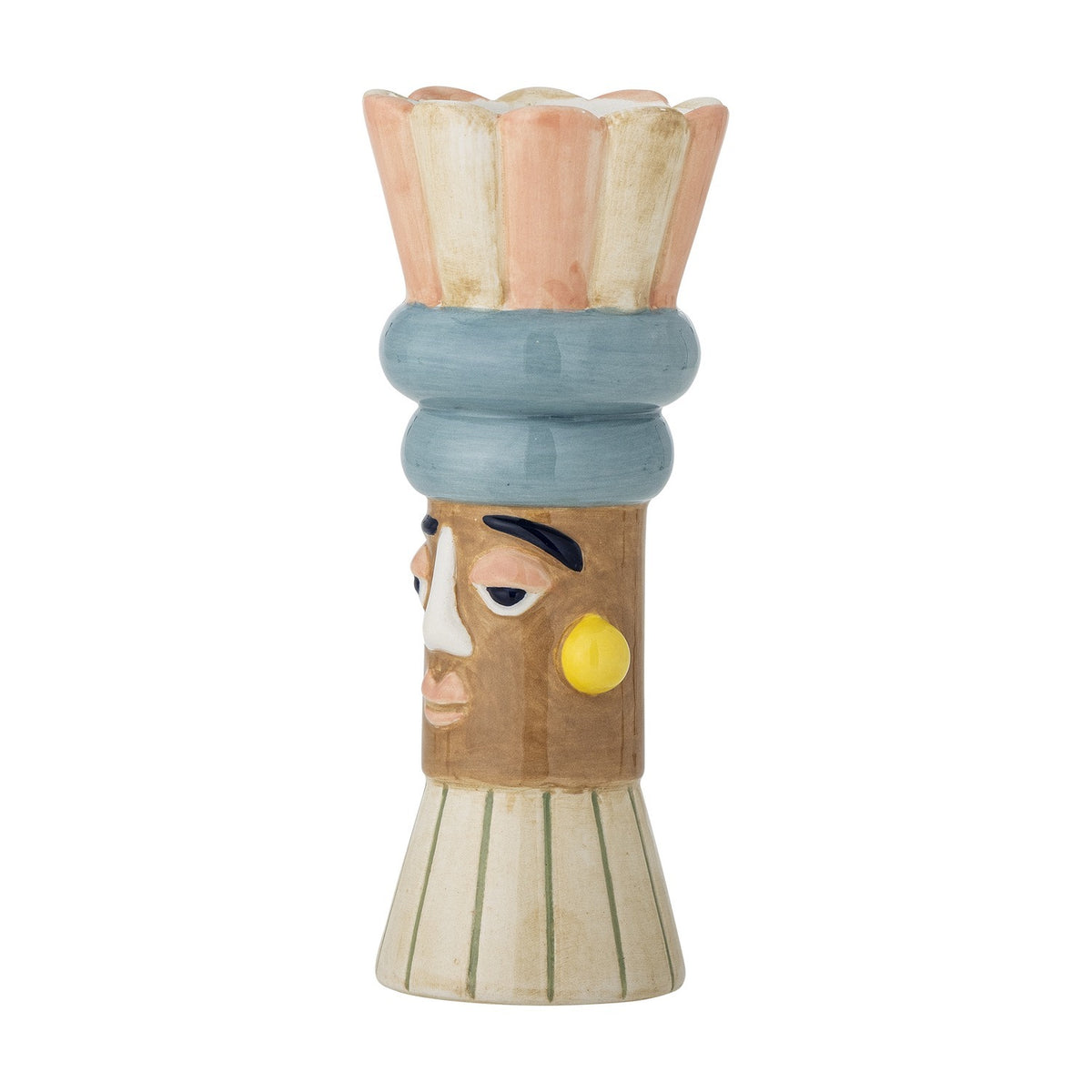 Minio Ceramic Vase 17cm in Multi, a face-design bud vase with a scalloped petal-like rim, stacked blue bands, and a hand-painted brown face, shown against a plain white background.