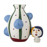 Conneli Ceramic Vase 33cm in Multi, hand-painted with green stripes, purple dots and raised blue knobs, paired with a separate head-shaped lid featuring a painted face, on a plain white background.