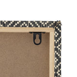 Close-up of the Rivalta Pin Board in black, showing the woven corner frame, MDF backing, and black metal sawtooth wall-hanging bracket.
