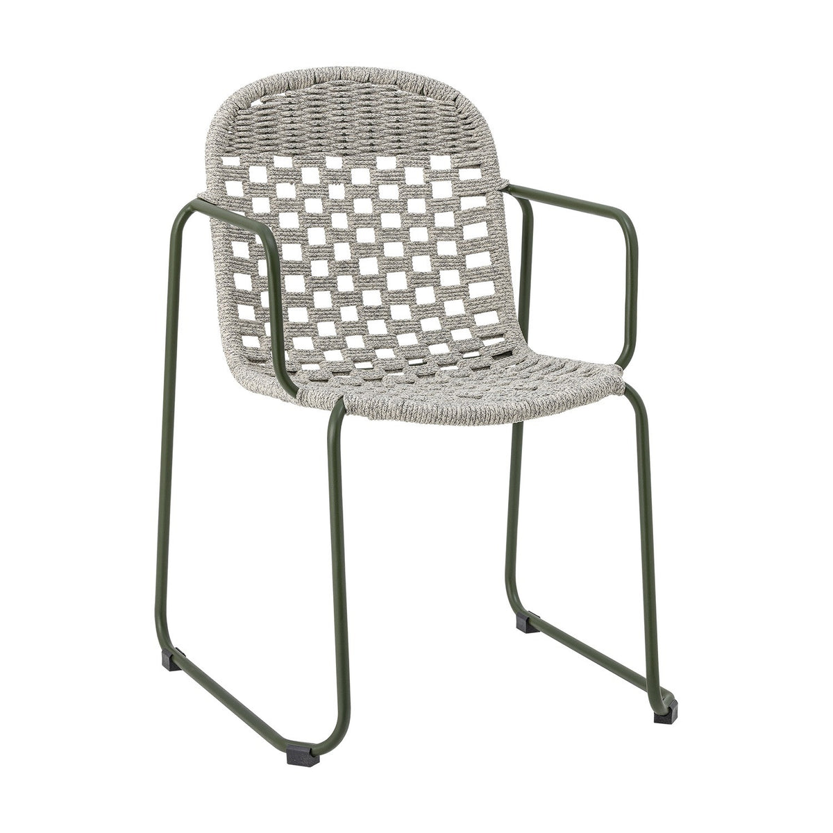 Calana Iron Garden Chair in grey, featuring a powder-coated metal frame with a woven basketweave cord seat and back, curved armrests, and sled-style legs, shown on a plain white background.