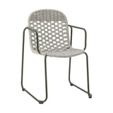 Calana Iron Garden Chair in grey, featuring a powder-coated metal frame with a woven basketweave cord seat and back, curved armrests, and sled-style legs, shown on a plain white background.