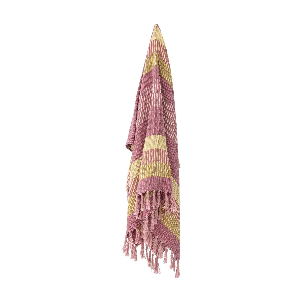Isnel Striped Throw in Pink, woven fabric with broad and fine stripes in pink and mustard yellow, finished with knotted tassel fringe, hanging against a plain white background.