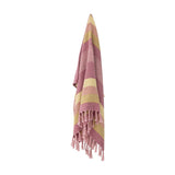 Isnel Striped Throw in Pink, woven fabric with broad and fine stripes in pink and mustard yellow, finished with knotted tassel fringe, hanging against a plain white background.