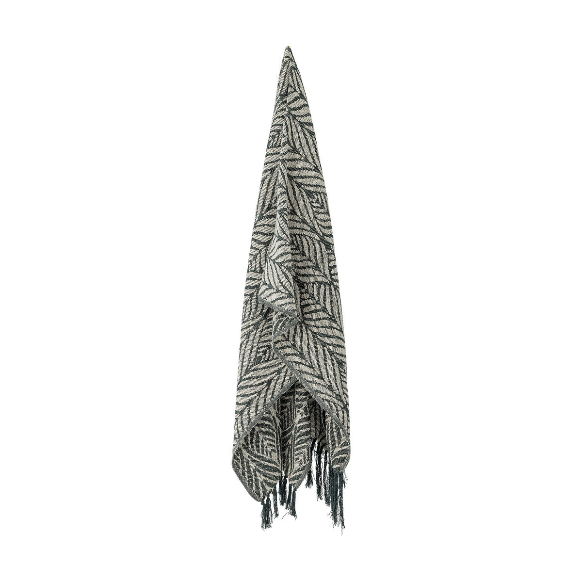 Ugento Leaf Cotton Throw in green, a woven blanket with a tall overlapping leaf pattern and knotted fringe ends, hanging against a plain white background.