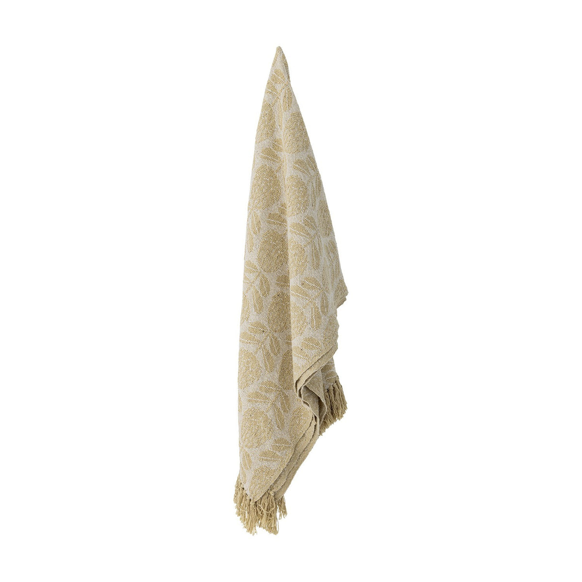 Pratello Throw in yellow, woven fabric with a repeating leafy pattern of round flower heads and paired leaves, shown hanging with fringed edge against a plain white background.
