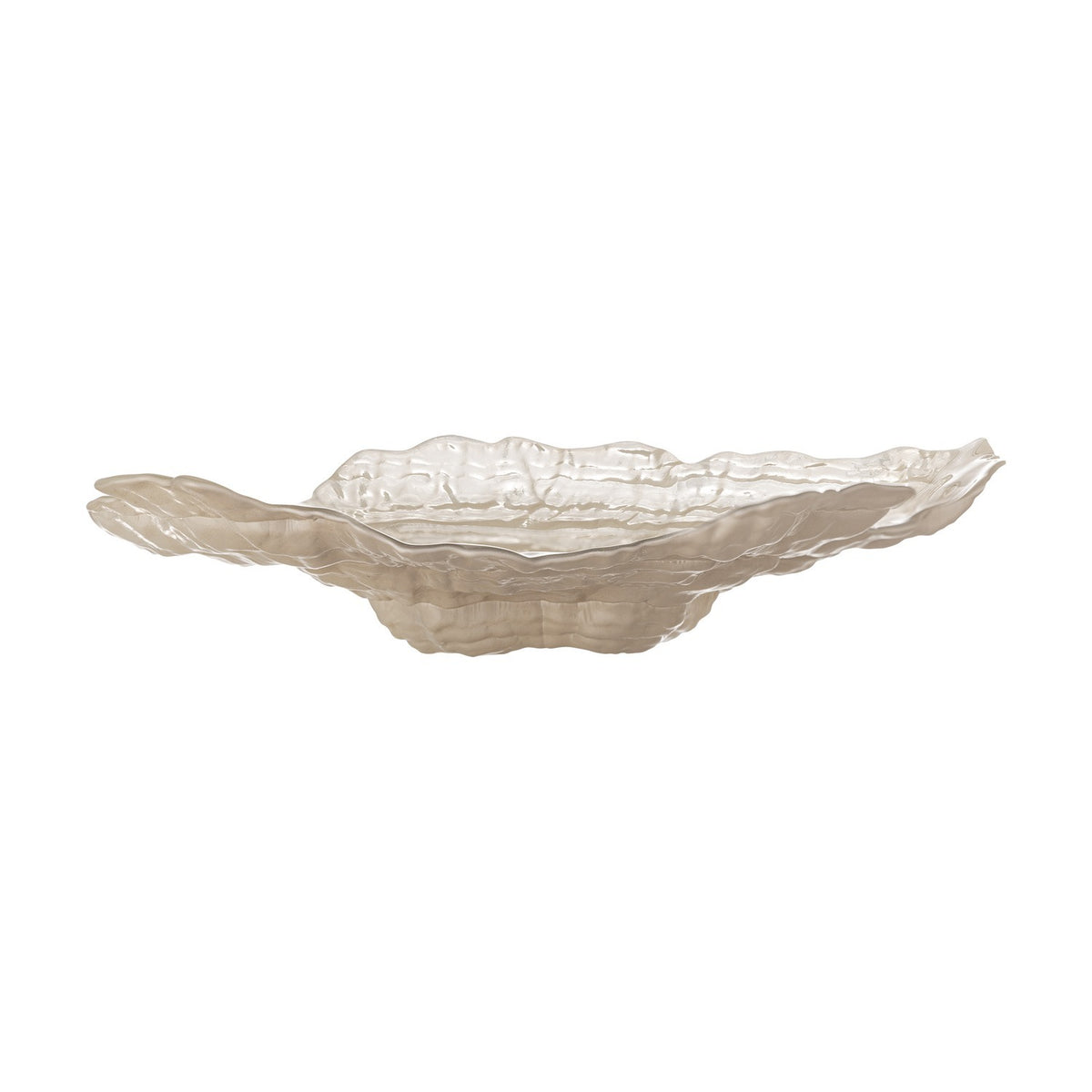 Aiku Shell Glass Bowl 38x29cm in pearl, a wide shallow dish with rippled, uneven rim and ridged texture, shown side-on against a plain white background.