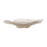 Aiku Shell Glass Bowl 38x29cm in pearl, a wide shallow dish with rippled, uneven rim and ridged texture, shown side-on against a plain white background.