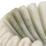 Close-up of the Harmonia Fluted Marble Bowl in white, showing polished marble ridges with natural green-grey veining and a wavy, pleated rim.