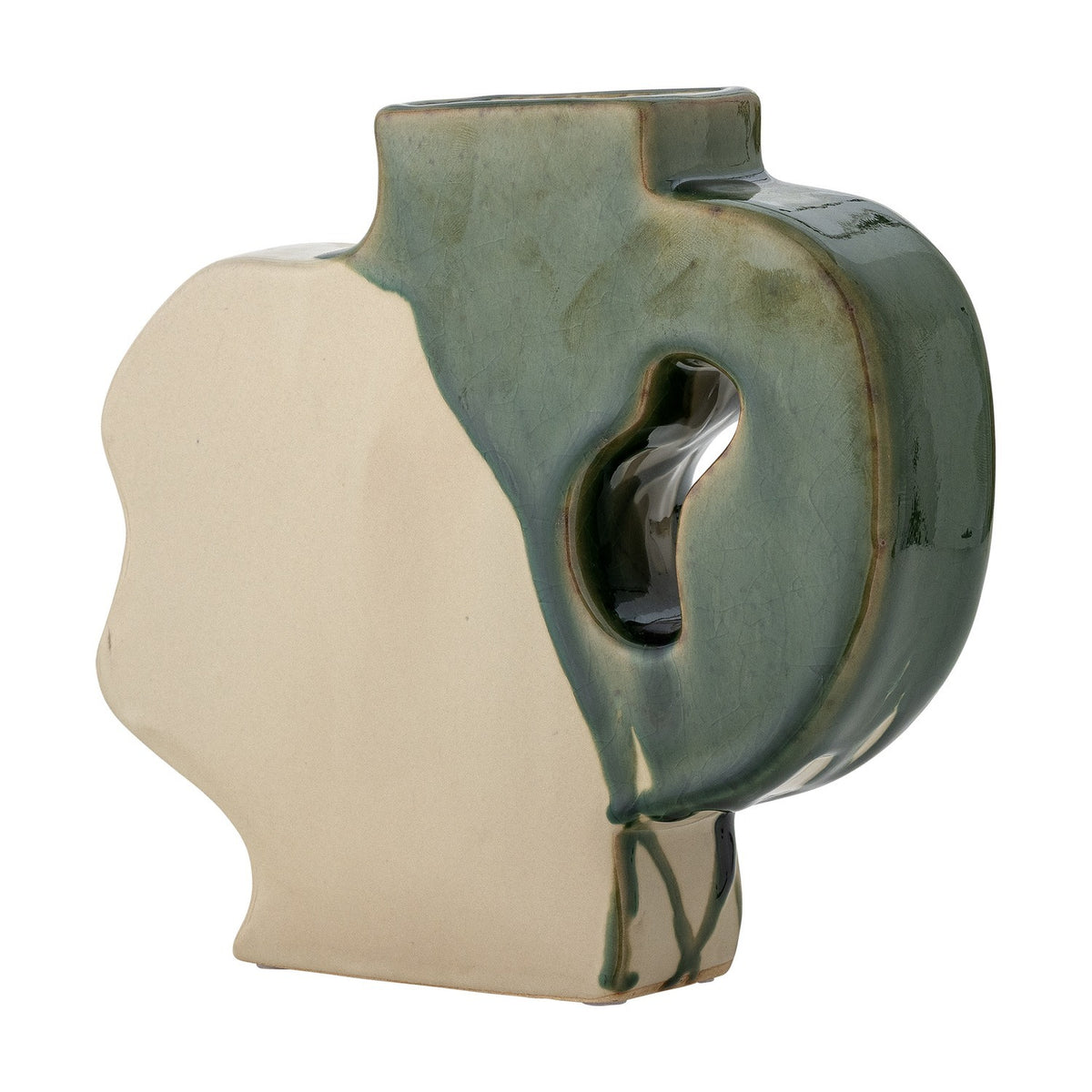 River Crackle Stoneware Vase 20cm in green, flat-sided with a wavy cream profile on one side and a glossy green crackle-glazed loop handle, on a white background.