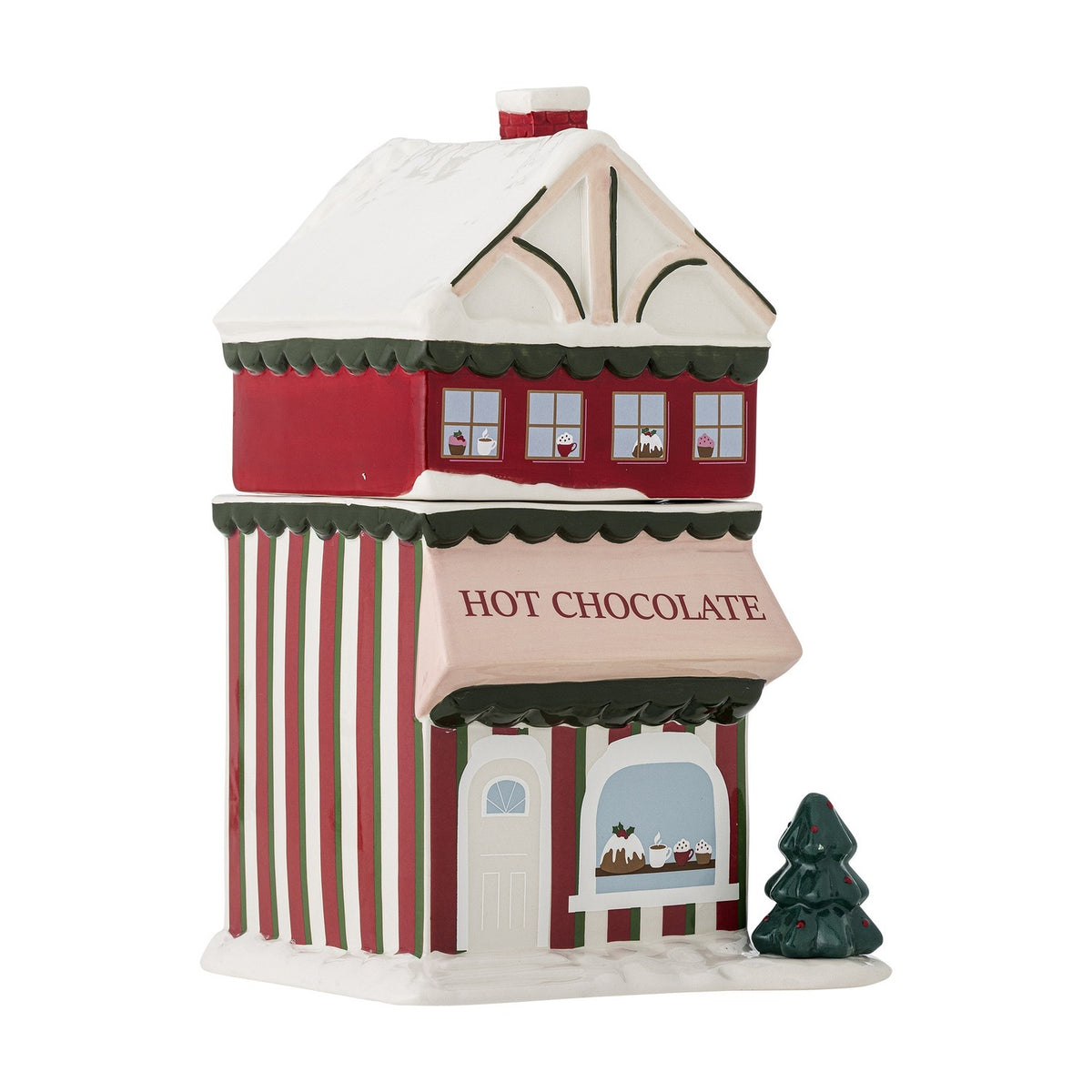 Gloria ceramic Christmas storage jar shaped like a red and white "Hot Chocolate" shop with snow-topped roof, chimney and lift-off upper floor lid, 2500ml, on a plain white background.