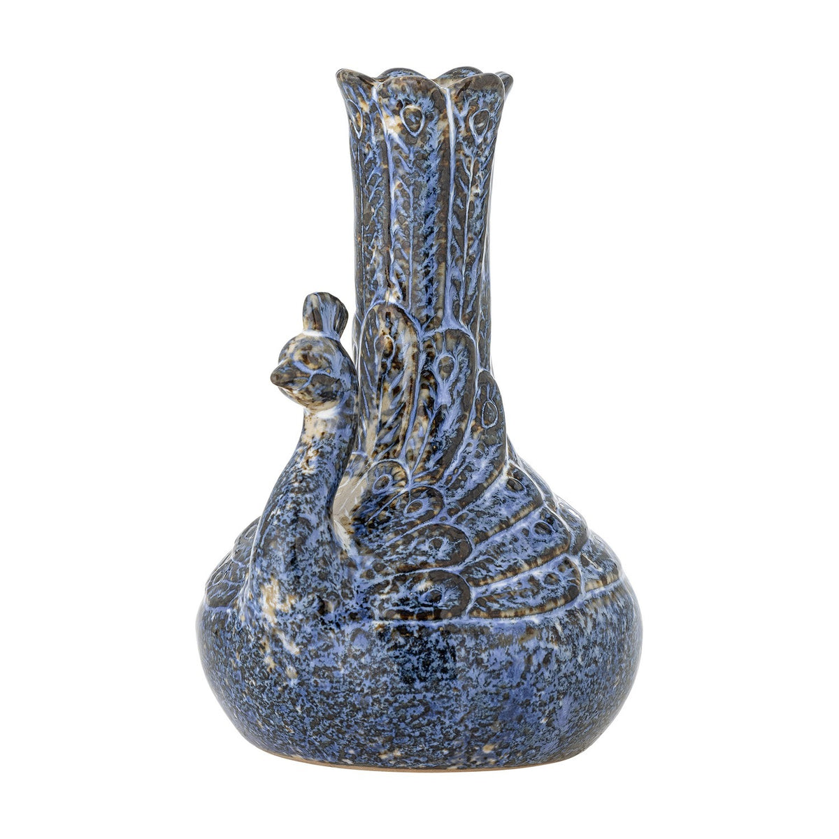 Kali Speckled Stoneware Vase 16cm in blue, shaped as a crested bird with a rounded base, carved feather details, and a tall neck opening into a scalloped rim, on a white background.