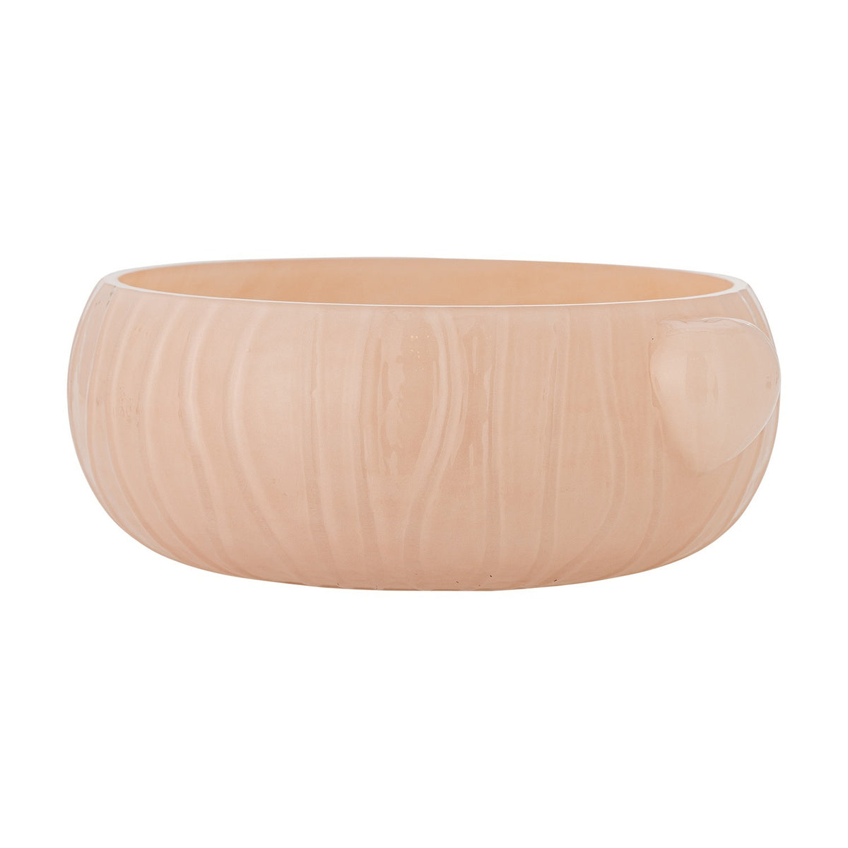 Lalie Ribbed Glass Bowl in pink, 20x12.5cm, round glass bowl with wavering ribbed texture and two rounded side lugs, glossy interior, shown on a plain white background.