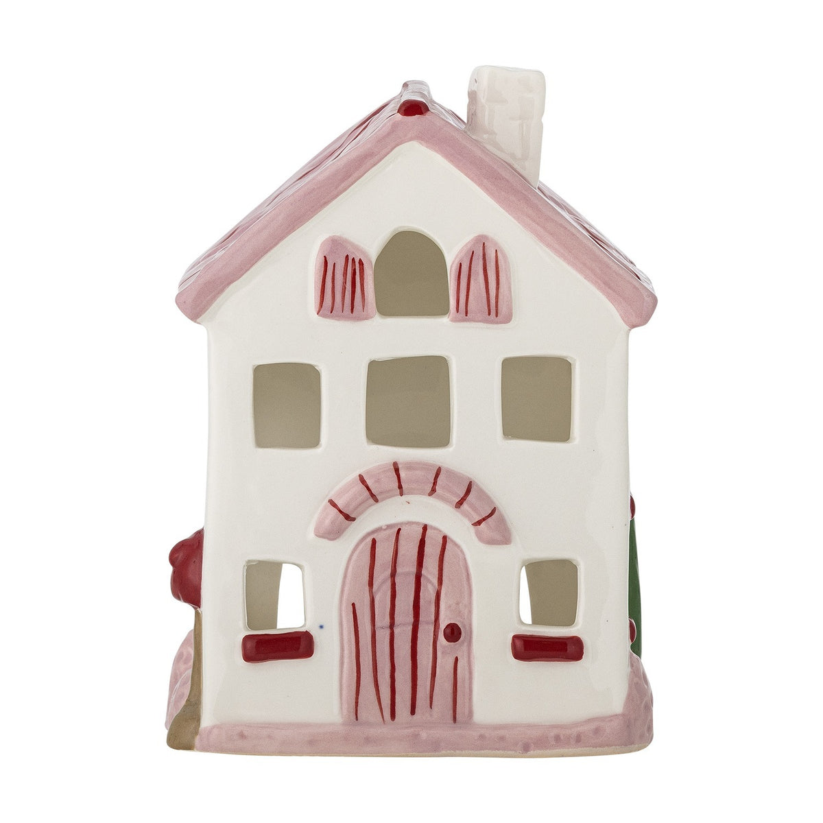 Shirly House stoneware Christmas tealight holder in white, with a pink pitched roof, chimney, cut-out windows and a hand-painted arched door, shown on a plain background.