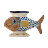 Multicoloured Nobu Fish Stoneware Vase shaped like a fish with hand-painted blue scale dots, yellow fin, ridged tail, and flared back opening, on a white background.