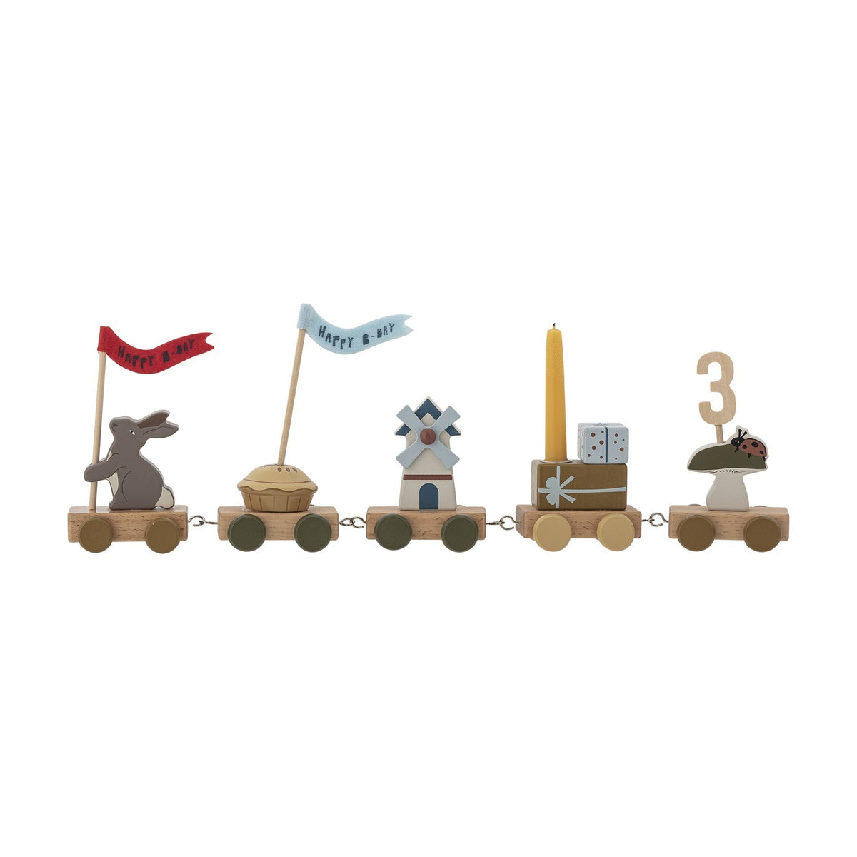 Alfi Birthday wooden train with five wagons: rabbit with flag, cake, windmill, gift with candle, and mushroom with ladybird, topped with number 3.