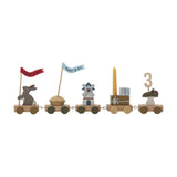 Alfi Birthday wooden train with five wagons: rabbit with flag, cake, windmill, gift with candle, and mushroom with ladybird, topped with number 3.