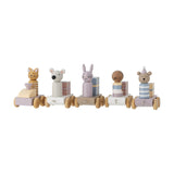 Wooden toy train with engine and four wagons featuring a cat, mouse, rabbit, dog and party-hatted bear beside wrapped parcels, in multicoloured MDF, on a white background.