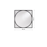 Circo Square Printed Glass Wall Mirror, 90cm x 90cm, with a black square frame surrounding a round mirrored centre, shown on a plain white background with dimension labels.