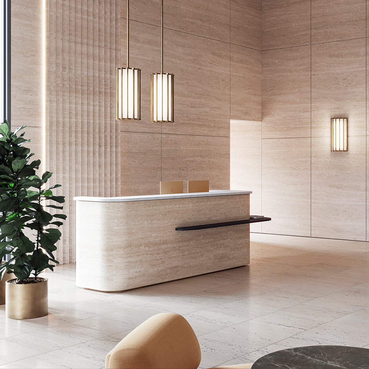 Roma Glass LED Pendant Light in Brushed Bronze with vertical bars and glowing white panels, shown as twin fixtures above a travertine reception desk.