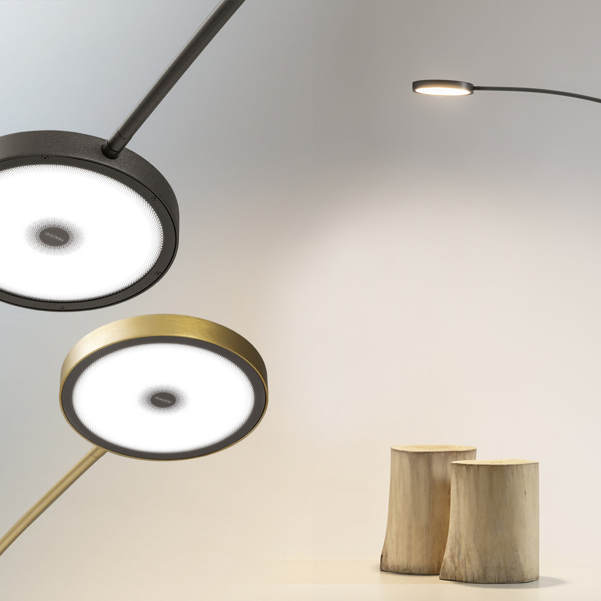 Dip Nero Marquina arc LED floor lamp with slim curved black arm and round flat disc head, shown in matt black and brushed brass finishes against a plain light background.