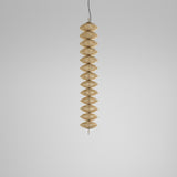 Yuyun S/11L/I pendant light with eleven stacked double-cone shades of satin beige fabric on a slim central stem, shown against a plain light grey background.