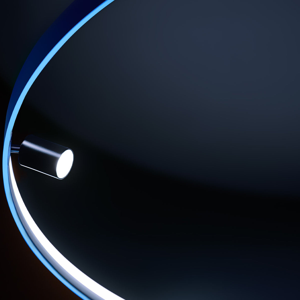 Close-up of the Arena Aluminium Ring LED Pendant Light 147cm, showing the slim black ring edge with integrated LED glow and a cylindrical spotlight head mounted on the hoop.