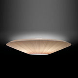 Siam 80 Ribbon Cone ceiling light, a wide shallow cream pleated cone shade on a slim white stem and canopy, glowing softly against a dark background.