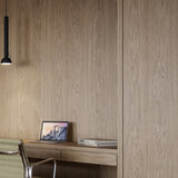 Berry S Aluminium LED Pendant Light in matte black with slim tube and angled domed head, shown above a wooden desk in a home workspace setting.