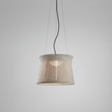 Syra 60 Aluminium LED Outdoor Pendant Light with a woven drum shade in Ivory White, narrow waist and flared rim, hung on three wires with black cable against a plain light grey background.