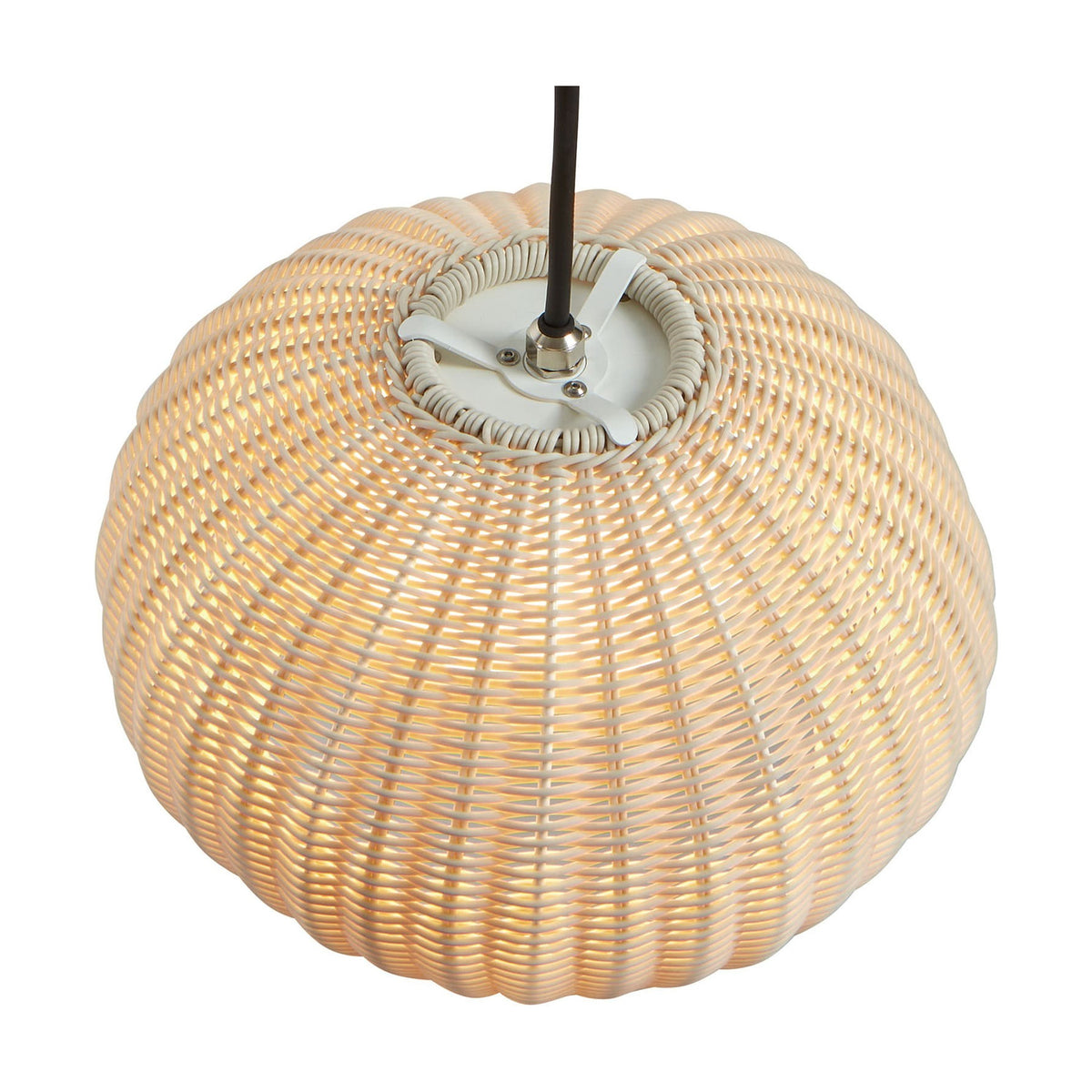Garota S/01 outdoor pendant light with a rounded, ribbed ivory white globe shade and white ceiling mount hardware, shown from below against a plain white background.