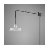 Marietta 32 A/98 outdoor wall light with long dark arm and pleated white cone shade suspended on cable, integrated LED, shown against a plain grey background.
