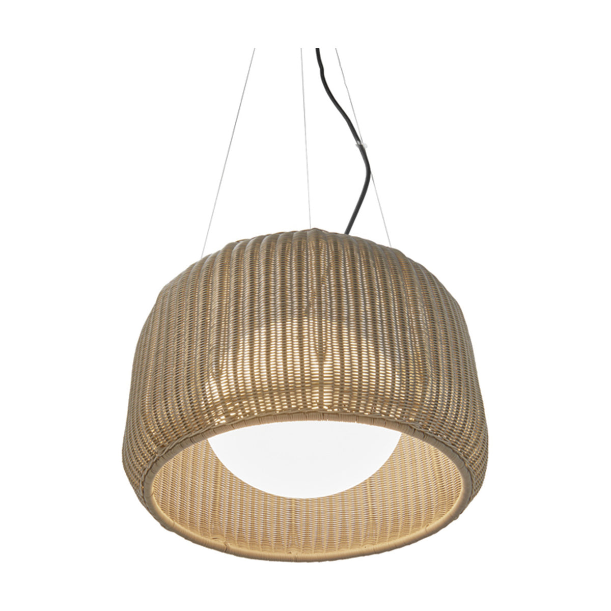 Fora S Drum LED Outdoor Pendant Light in Light Beige woven material with a white opal globe centre, suspended on three fine wires against a plain white background.