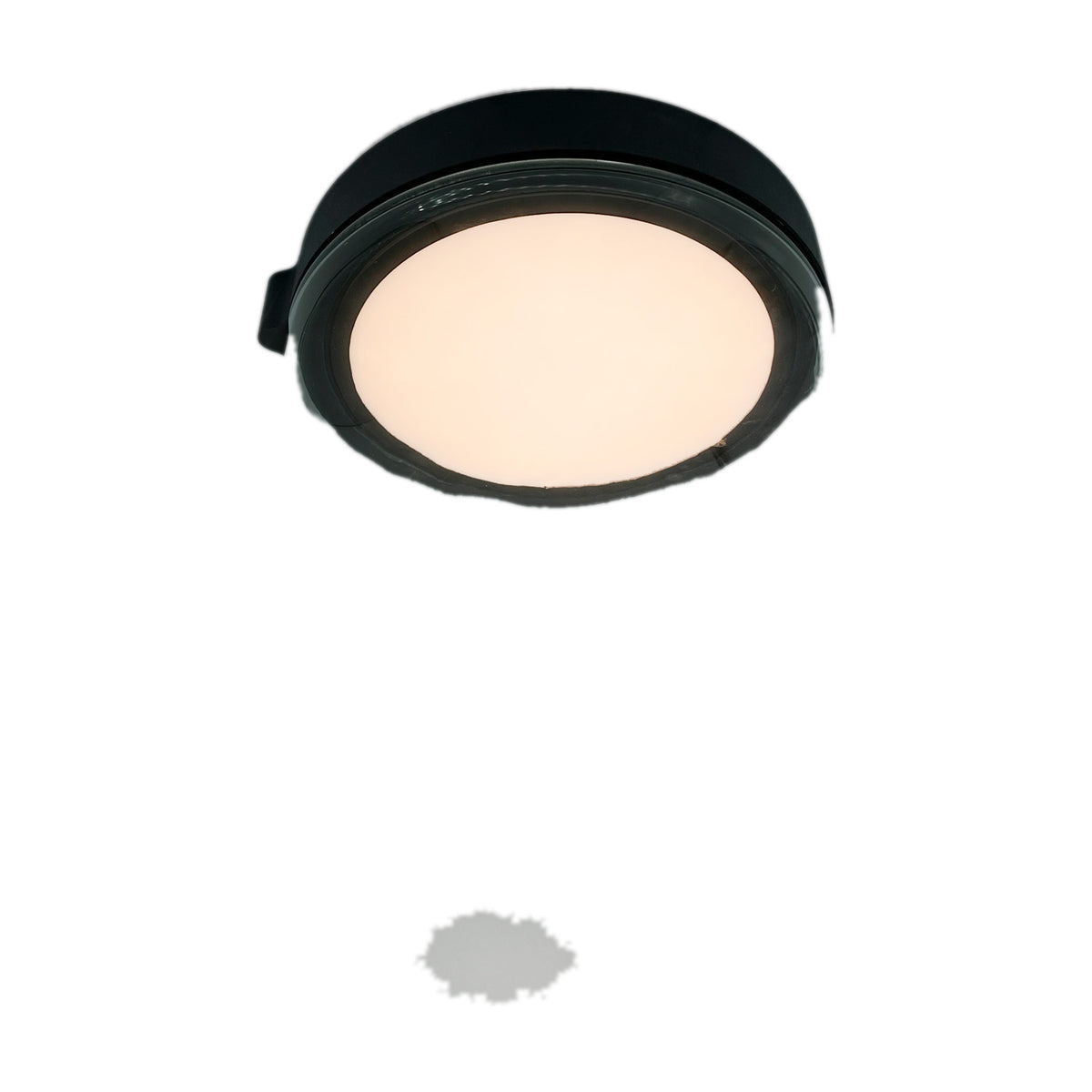 Beaded C round flush ceiling light with opal white glass diffuser and slim black trim, integrated LED, shown illuminated on a plain white background.
