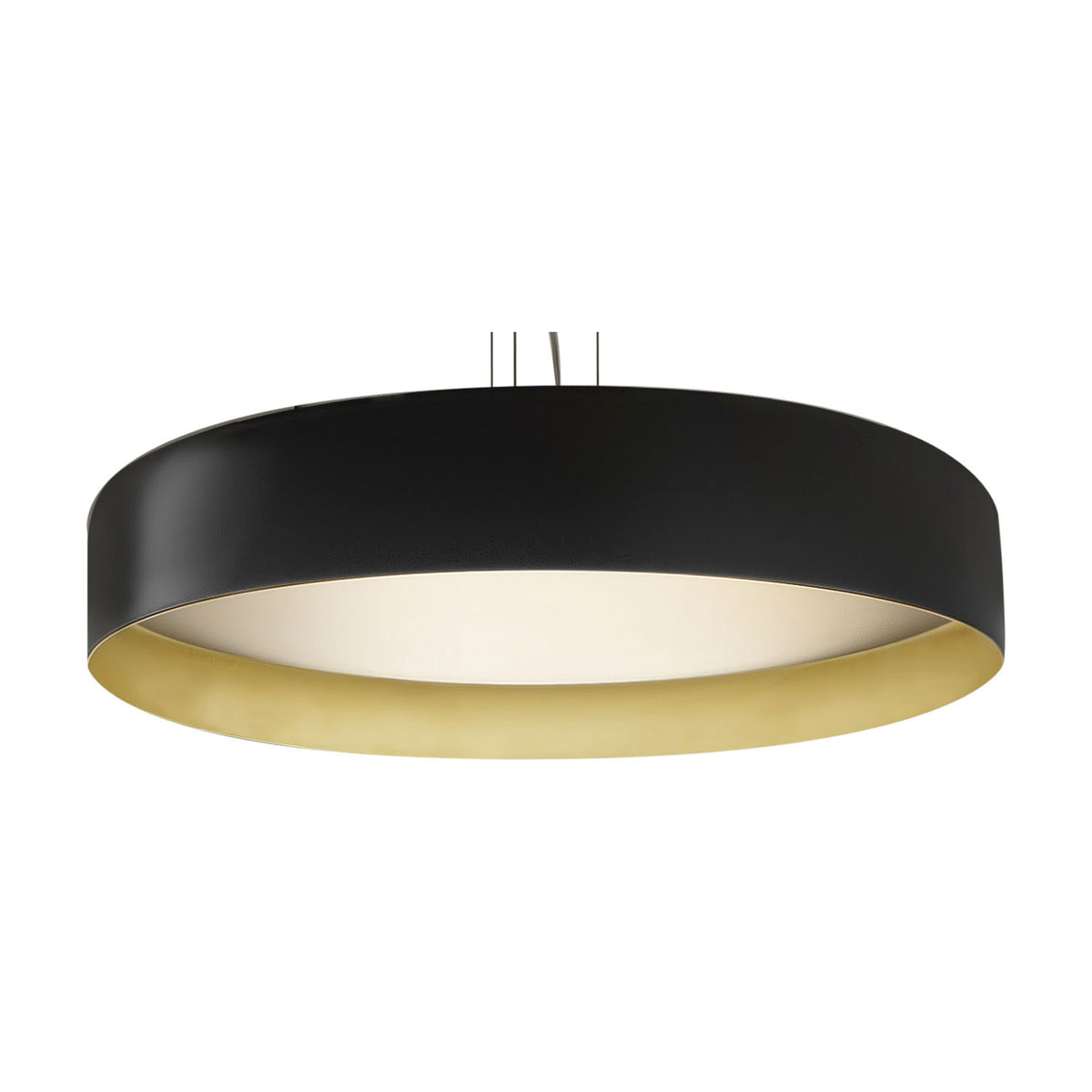 Ginevra 80cm LED pendant light, a wide drum shade in matt black with a brass inner rim and white diffuser, shown on a plain white background.