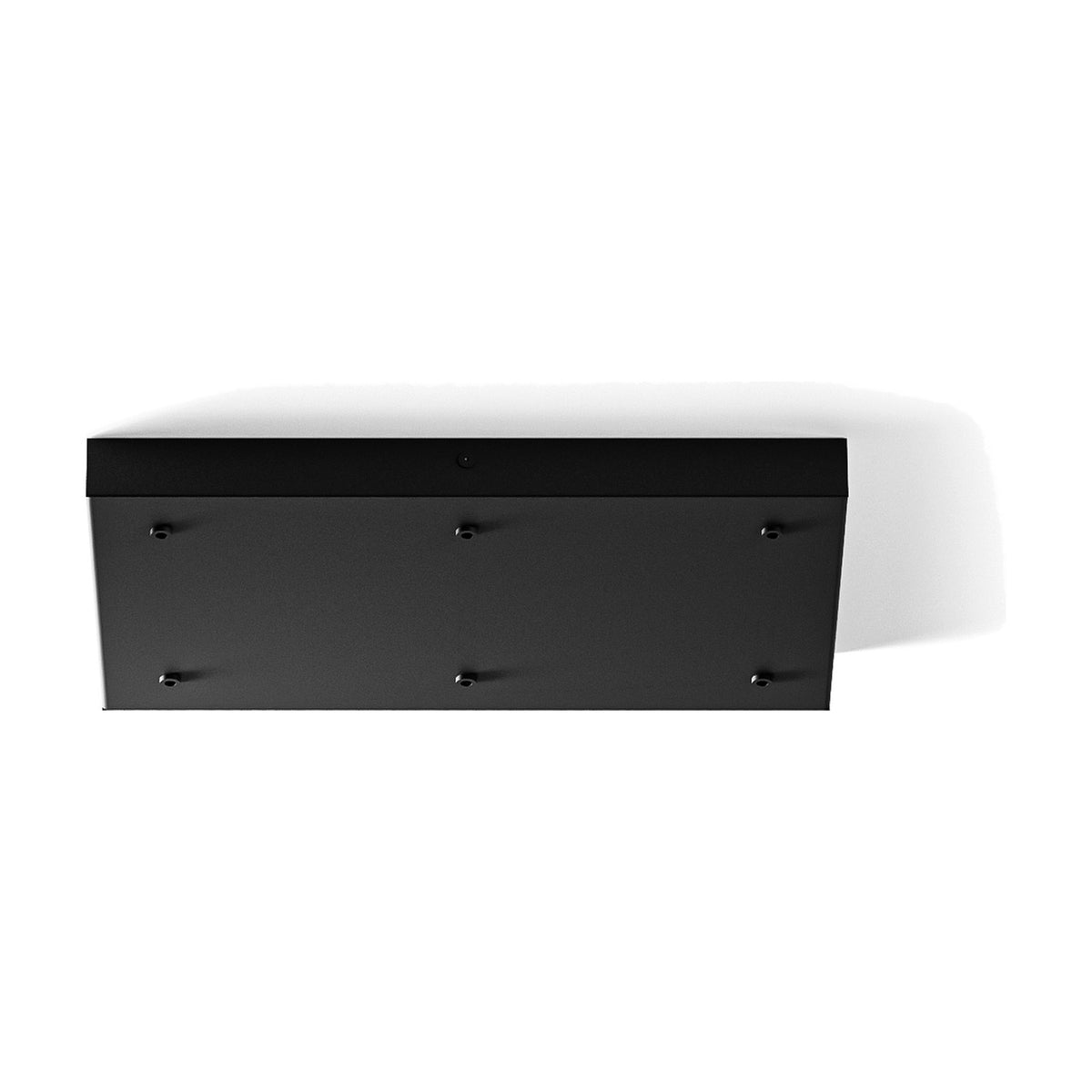 Rectangular 42x25.2cm 6 pendant ceiling canopy in matt black, low flat plate with six outlet points in two rows of three, shown against a plain white background.