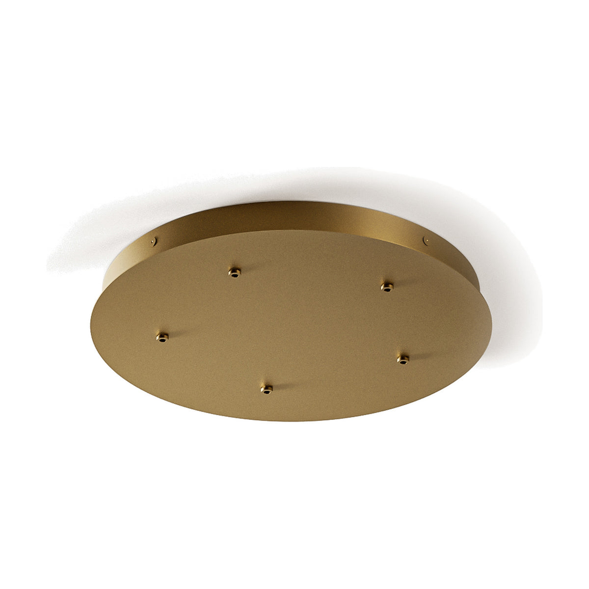 Round brushed brass ceiling canopy, 39.5cm flat disc with five evenly spaced outlets for pendant lights, built-in driver, shown against a plain white background.