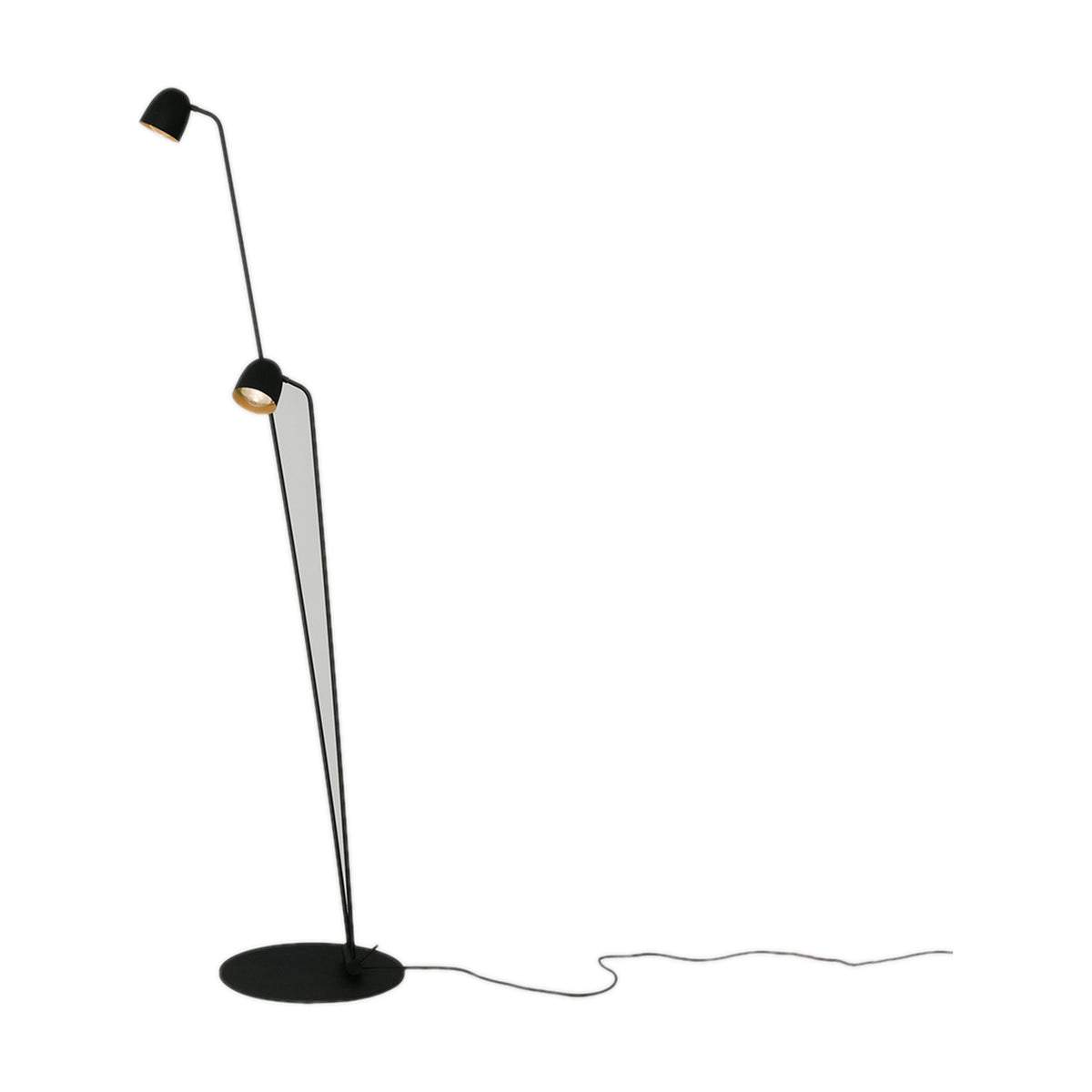 Speers F 2 Light LED Floor Lamp with two black dome heads on slim stems at different heights, triangular glass panel support, and round black disc base on a white background.