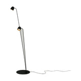 Speers F 2 Light LED Floor Lamp with two black dome heads on slim stems at different heights, triangular glass panel support, and round black disc base on a white background.