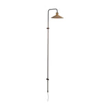 Platet A/05 wall light with a tall slim rod extending from floor level, curving at the top to hold a single shallow cone shade in antique brass, aluminium finish, on a plain white background.