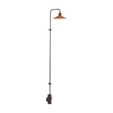Platet A/06 aluminium LED wall light with tall slim rod, curved arm, terracotta conical shade and wall-mounted base, shown on a plain white background.