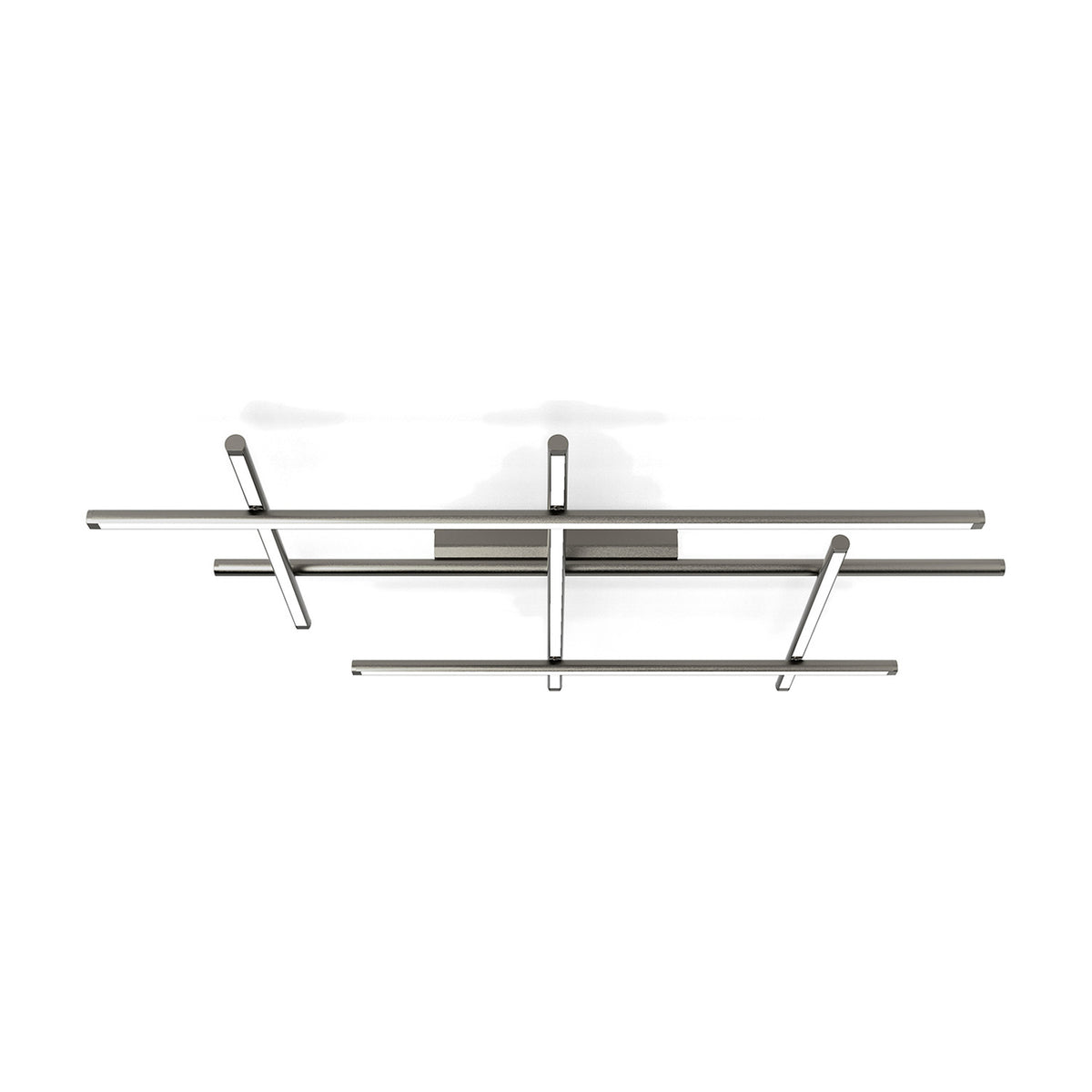 Hilow White Diffuser Frame LED ceiling light with three long parallel bars crossed by three angled shorter bars, brushed silver finish with white diffusers, shown on a plain white background.