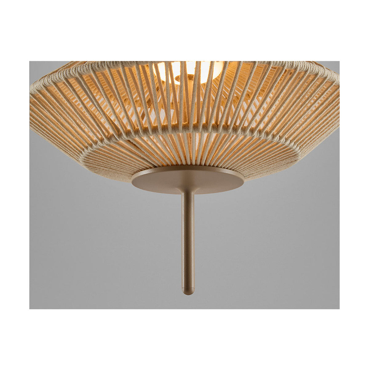 Close-up of the Yuyun S/9L pendant light showing a satin beige cotton thread shade with fine ribbed texture, integrated LED bulb, and slim metal rod mount on a light grey background.
