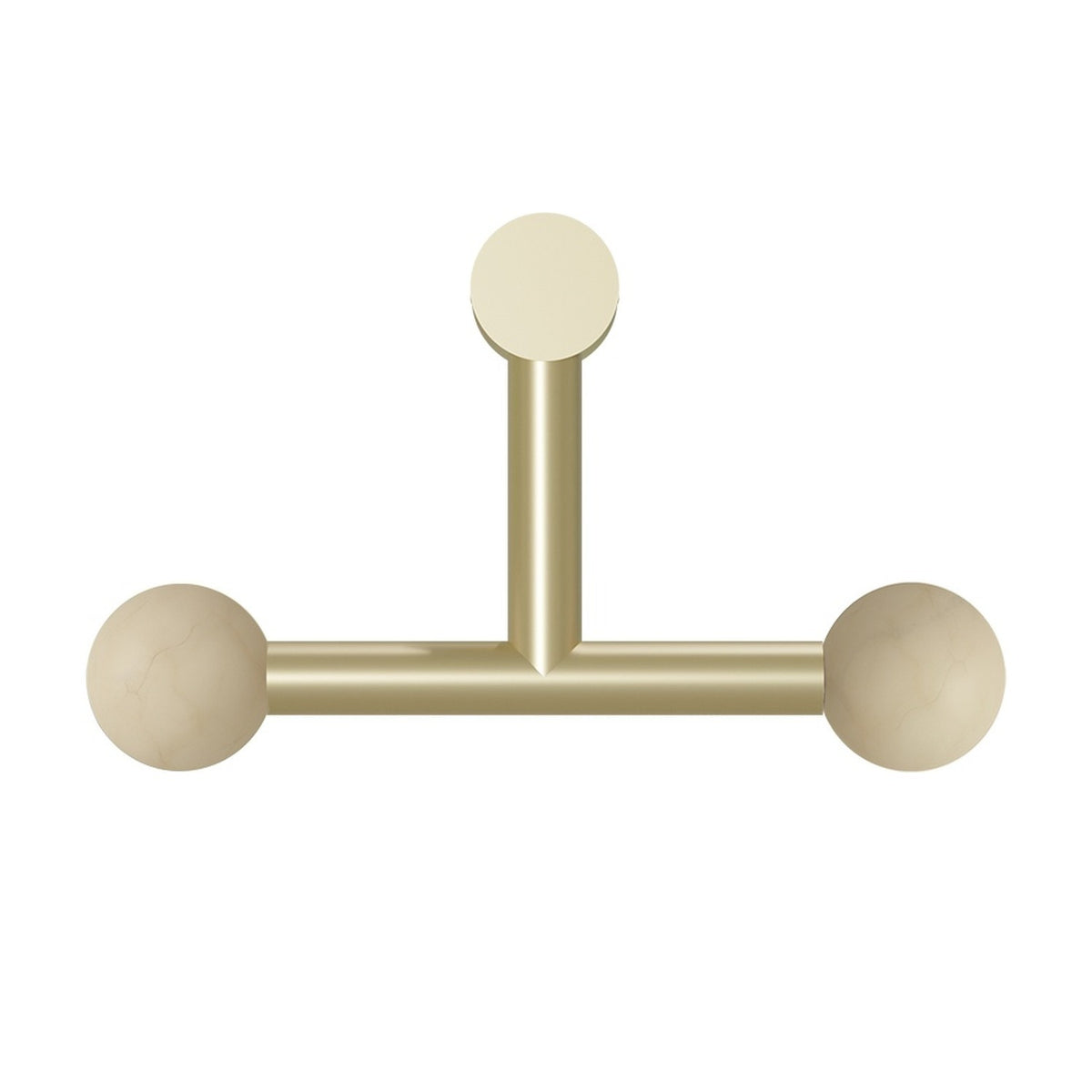 Rigoberta Trio wall light in gold-finished iron with a T-shaped design, round wall plate, and two alabaster globe shades on a horizontal bar, shown on a plain white background.