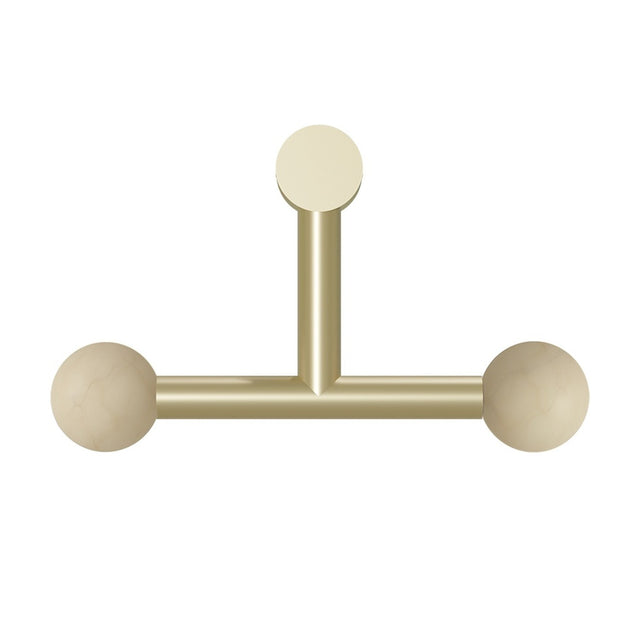 Rigoberta Trio wall light in gold-finished iron with a T-shaped design, round wall plate, and two alabaster globe shades on a horizontal bar, shown on a plain white background.