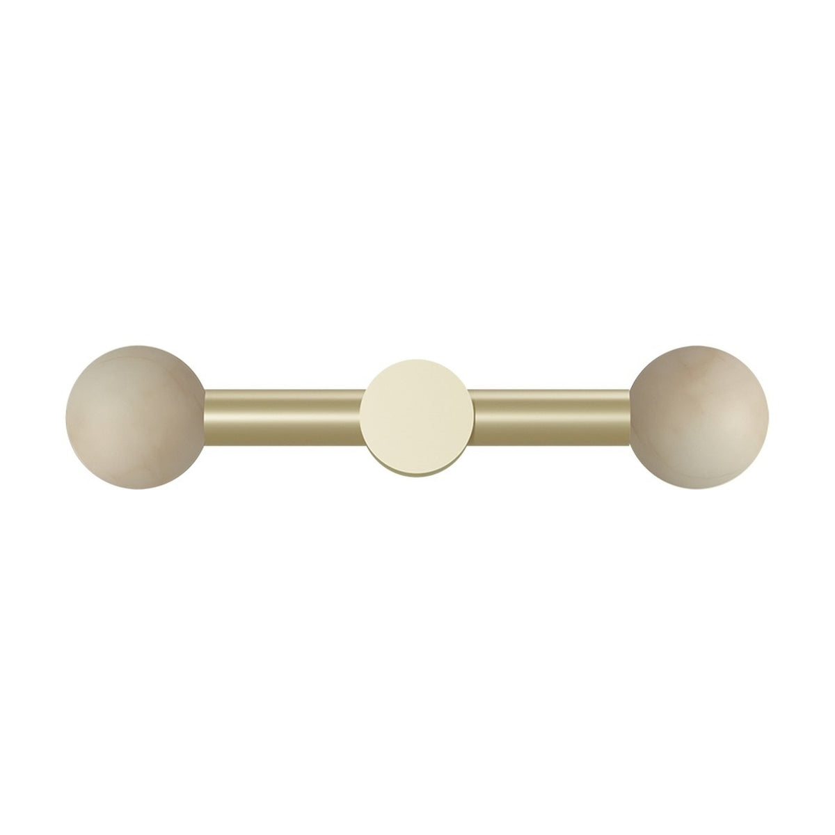 Rigoberta Duo Direct Alabaster Globe Wall Light in gold, featuring a straight iron bar with a round central disc and an alabaster globe at each end, shown on a plain white background.
